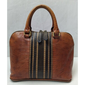 Brahmin Brown Leather Stripe Crocodile Embossed Domed Top Handle Satchel Bag